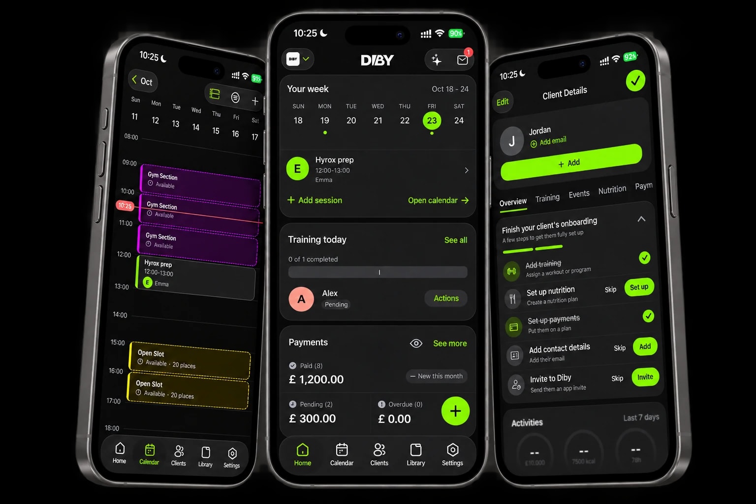 Diby Calendar, Home and client profile on three iPhones at 10:25