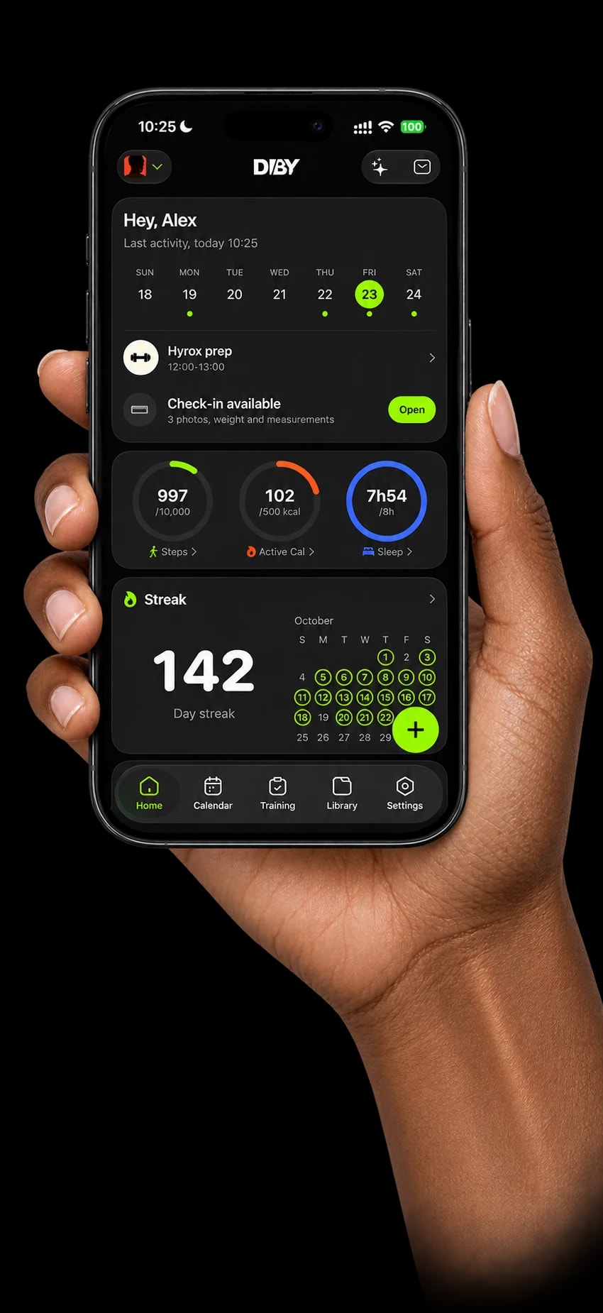 A hand holding an iPhone showing Alex’s Diby Home, training, check ins and activity