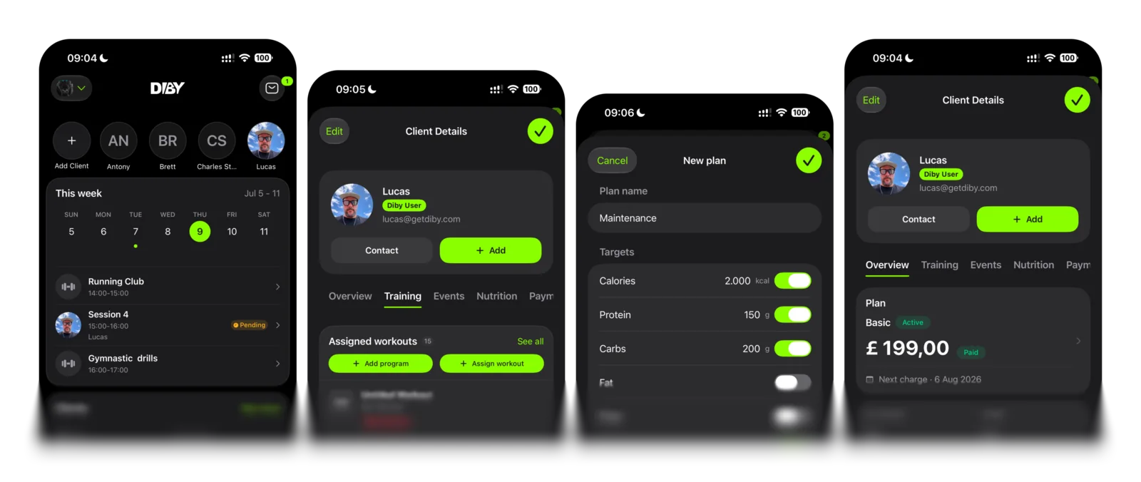 The Diby app on iPhone — dashboard, client, nutrition and payments