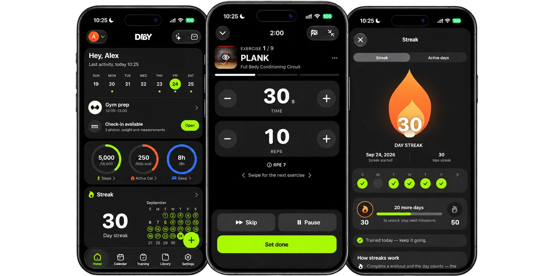 Personal Home, Gym Mode and Streak in three iPhone mockups at 10:25 with demonstration data