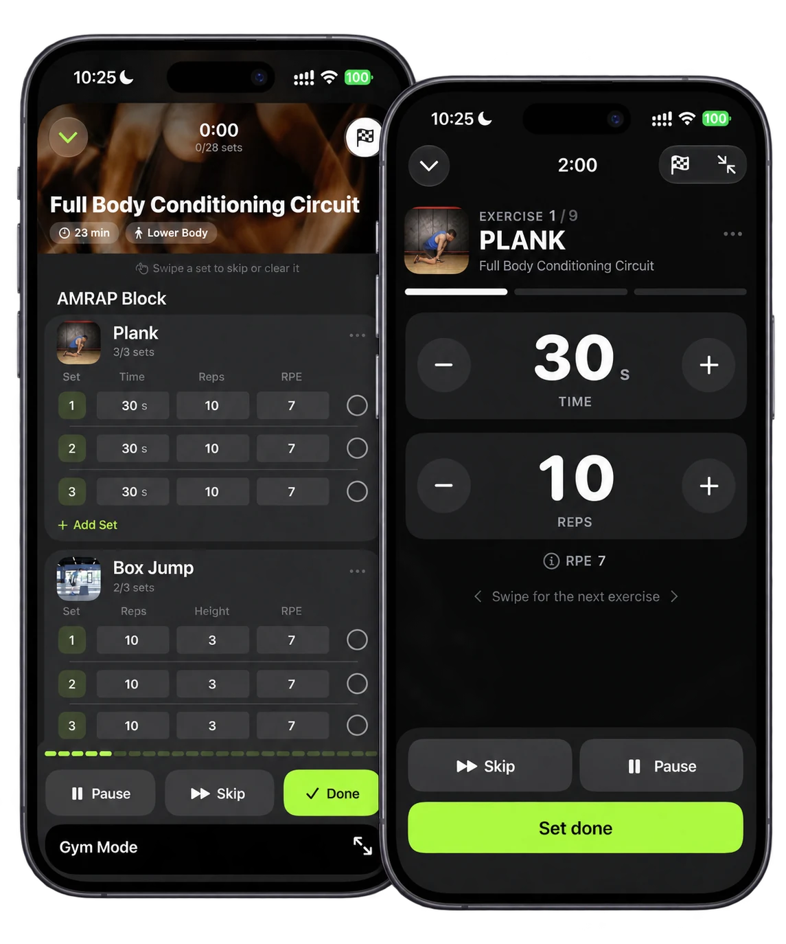 Diby workout player and Gym Mode on two iPhones with demonstration workout values at 10:25